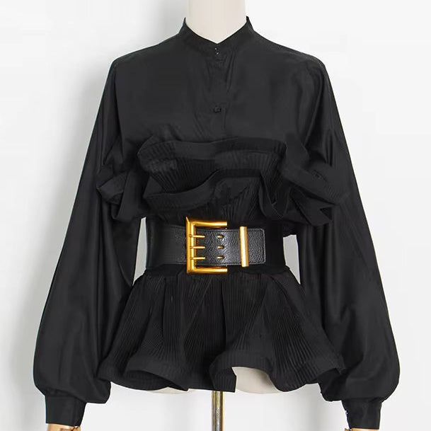 OUDINA Hot Sale Fashion Shirt for Ladies Casual Solid Color with Belt Ruffled Long Sleeve Women'S Blouse Shirts