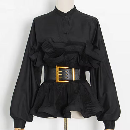 OUDINA Hot Sale Fashion Shirt for Ladies Casual Solid Color with Belt Ruffled Long Sleeve Women'S Blouse Shirts