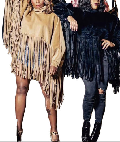 OUDINA Fashion Street Casual Bat Sleeve Cashmere Turtleneck Fringed Winter Cape Women Coat