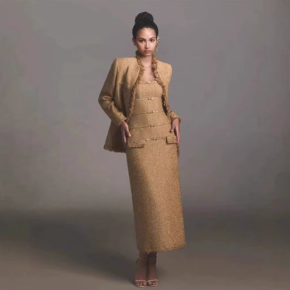 OUDINA New Arrival Top Fashionable Textured Double Breasted Luxury Jacket Blazers Women Tweed Blazer