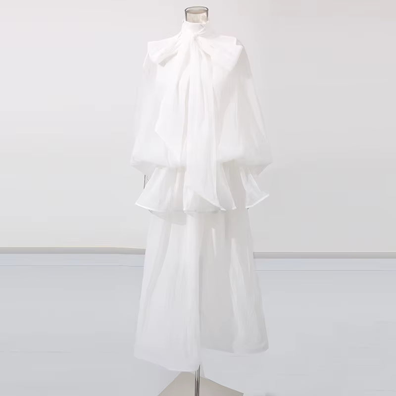 OUDINA New Bow Tie Collar Ruffled Slim Fit Solid Color Women Casual White Dresses Long Dress