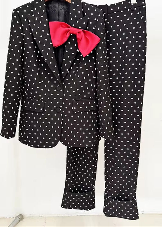 OUDINA Fast Shipping Elegant Bow Decoration Polka Dot Jacket Trousers Pants Blazers Two Piece Set Women'S Suits