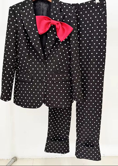 OUDINA Fast Shipping Elegant Bow Decoration Polka Dot Jacket Trousers Pants Blazers Two Piece Set Women'S Suits