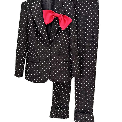 OUDINA Fast Shipping Elegant Bow Decoration Polka Dot Jacket Trousers Pants Blazers Two Piece Set Women'S Suits