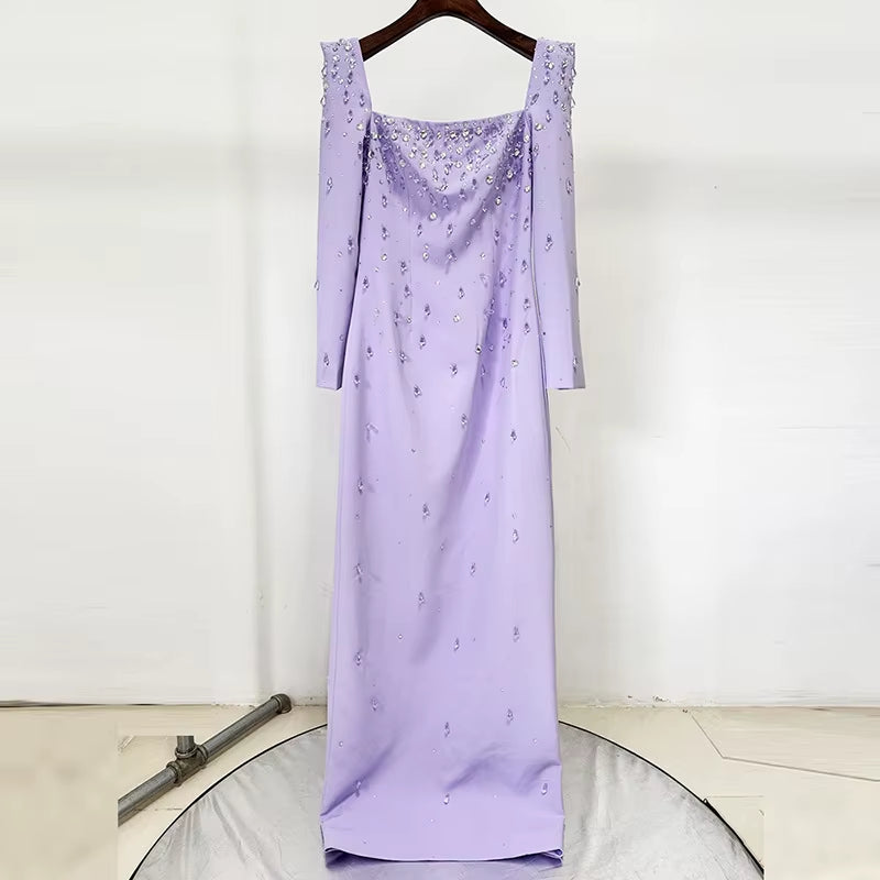 OUDINA Stylish New Long Sleeve Square Collar Beaded Diamond Rhinestones 3XL plus Size Long Gown Women Elegant Party Dresses