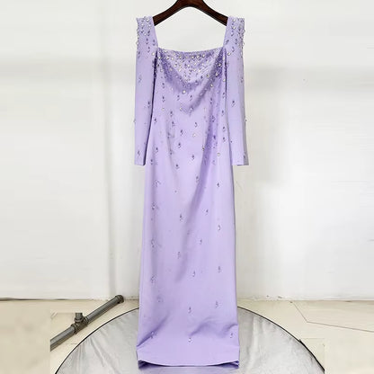 OUDINA Stylish New Long Sleeve Square Collar Beaded Diamond Rhinestones 3XL plus Size Long Gown Women Elegant Party Dresses