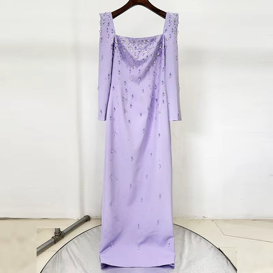 OUDINA Stylish New Long Sleeve Square Collar Beaded Diamond Rhinestones 3XL plus Size Long Gown Women Elegant Party Dresses