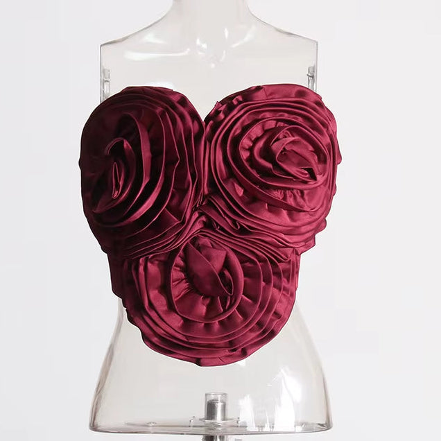 OUDINA New Design Slim Top Short Three-Dimensional Flower Fashion Tube Tops for Ladies