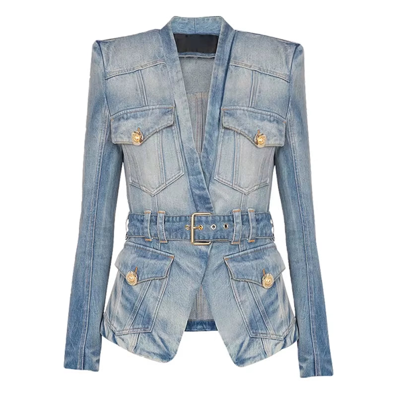 OUDINA Wholesale Ready Stock V Neck Belt Metal Buttons Washed Jean Jacket plus Size XXXL Women'S Jackets