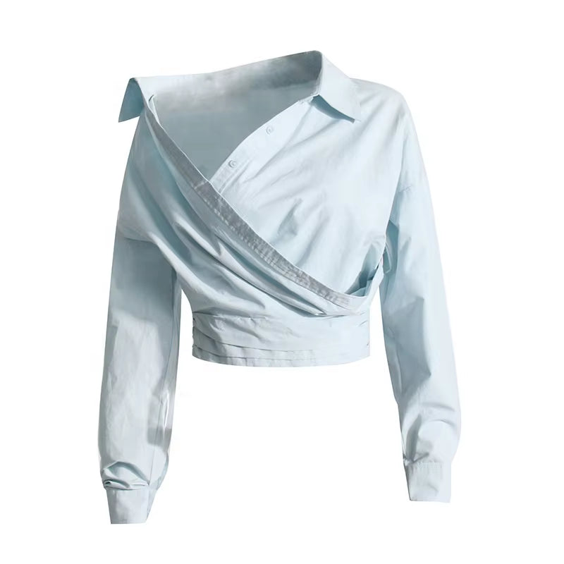 OUDINA New Fashion Irregular Simple Shirt Cross Strapless Design Long-Sleeved Crop Top Women'S Shirts