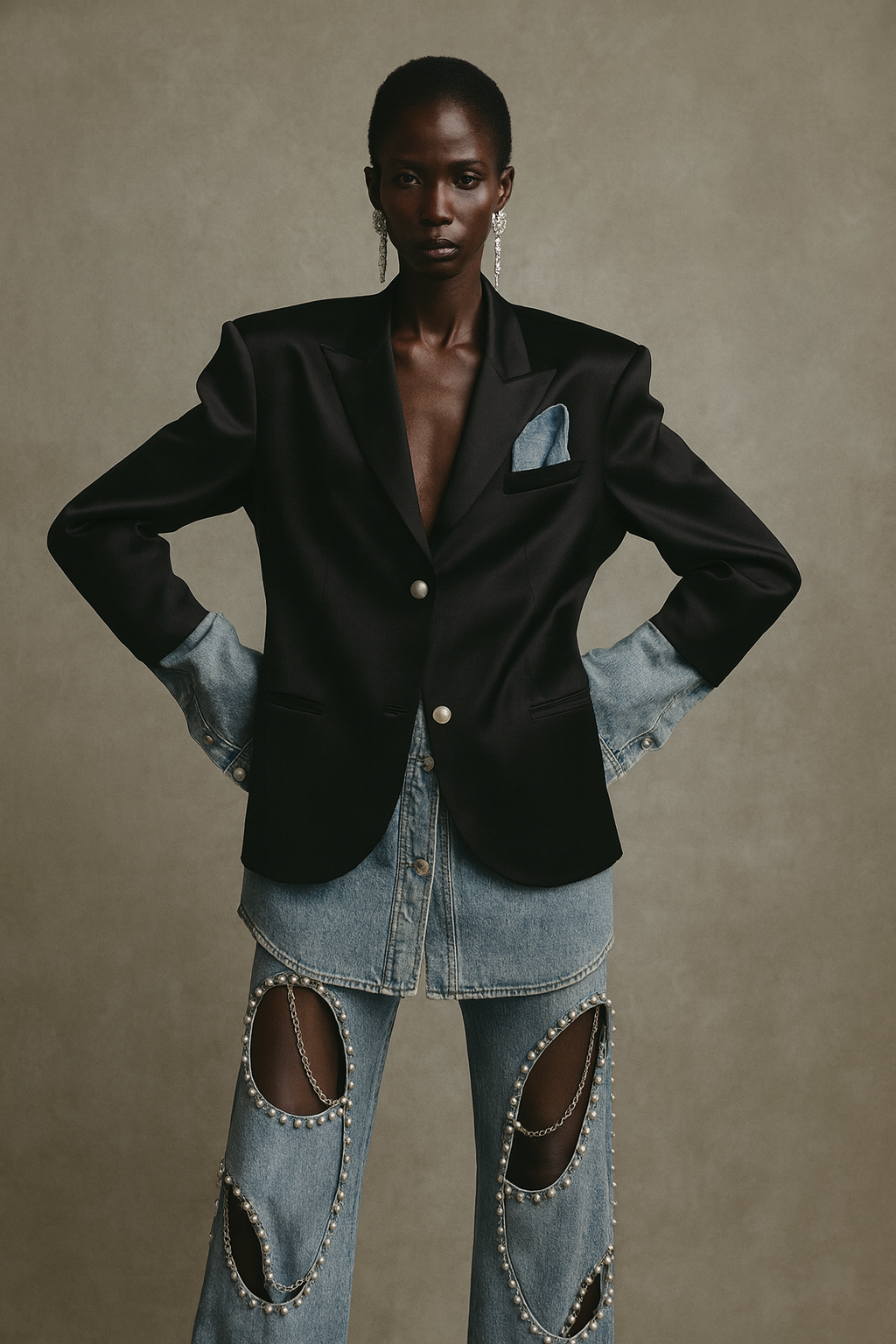 Layered Denim-Cuff Blazer