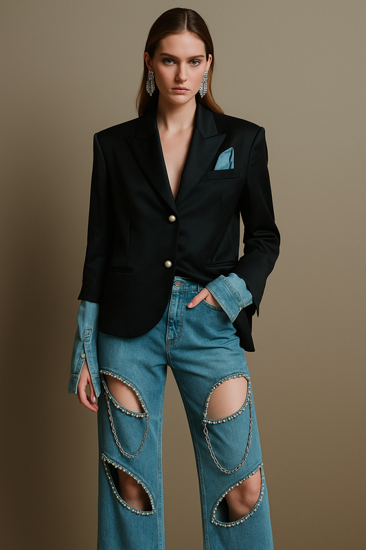 Layered Denim-Cuff Blazer