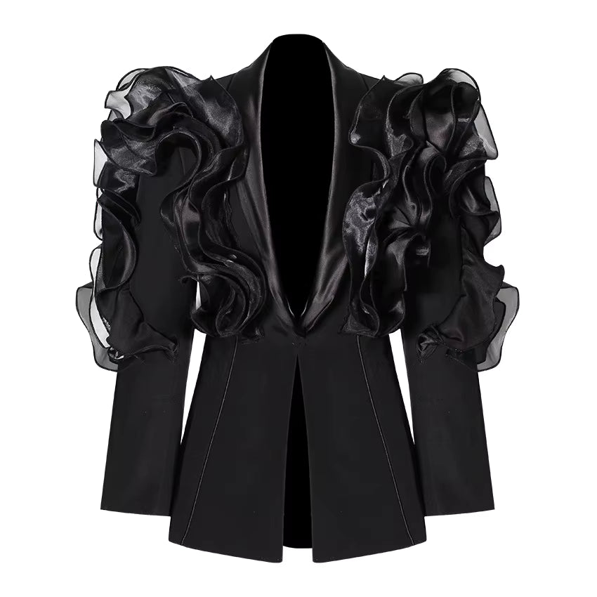 Midnight Bloom Ruffles Blazer - Elevate Your Style with Elegance