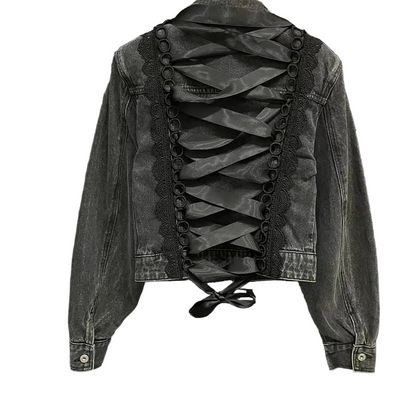  Lace Bow Mini Denim Jacket Skirt Set