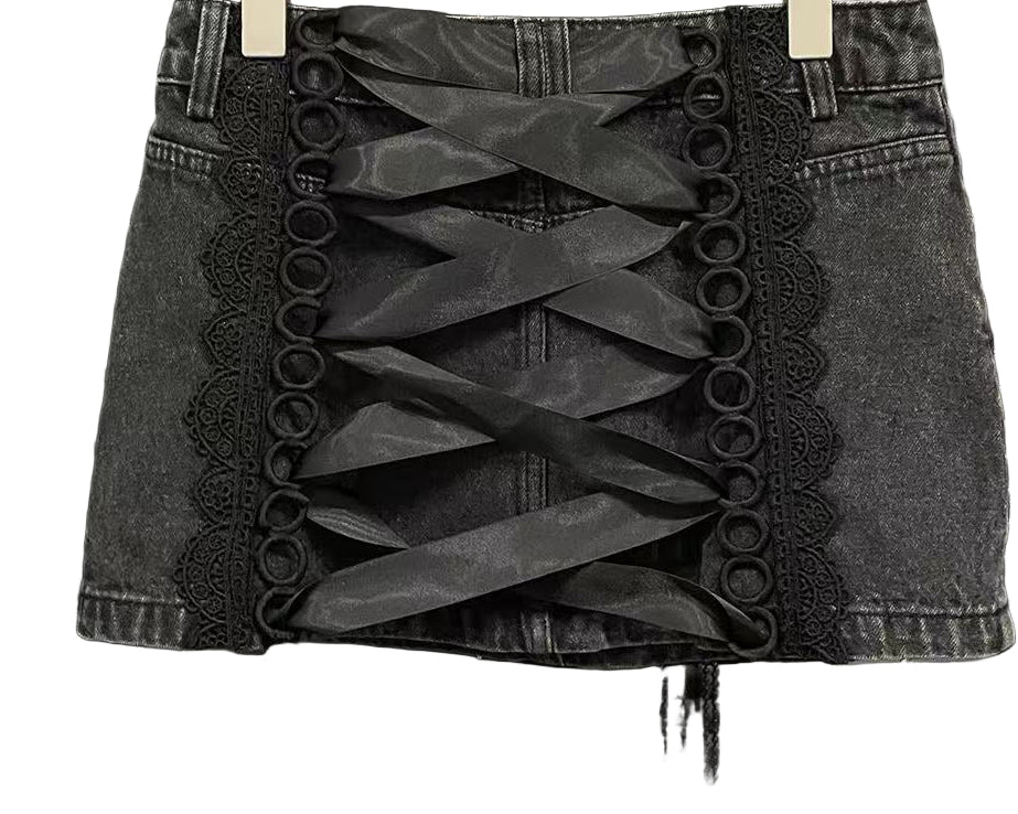 Chic Lace Bow Mini Denim Jacket and Skirt Set for Effortless Style