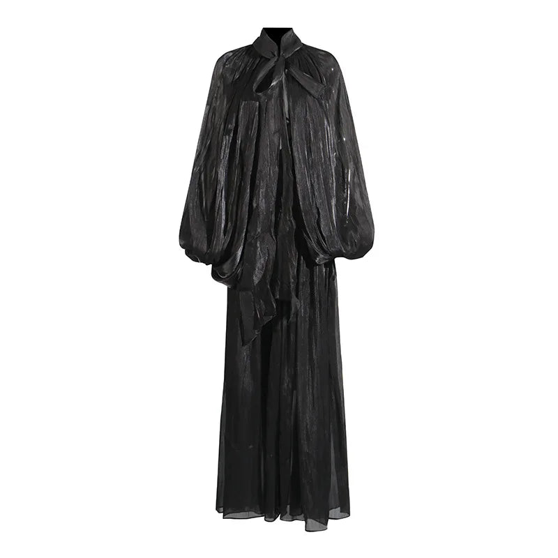 OUDINA High Quality Long New Bat Sleeves Lace up Slim Women Casual Dresses Chiffon Dress