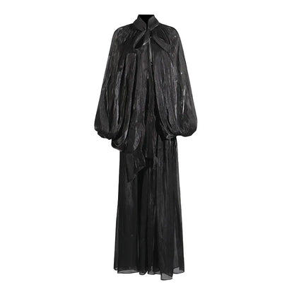 OUDINA High Quality Long New Bat Sleeves Lace up Slim Women Casual Dresses Chiffon Dress