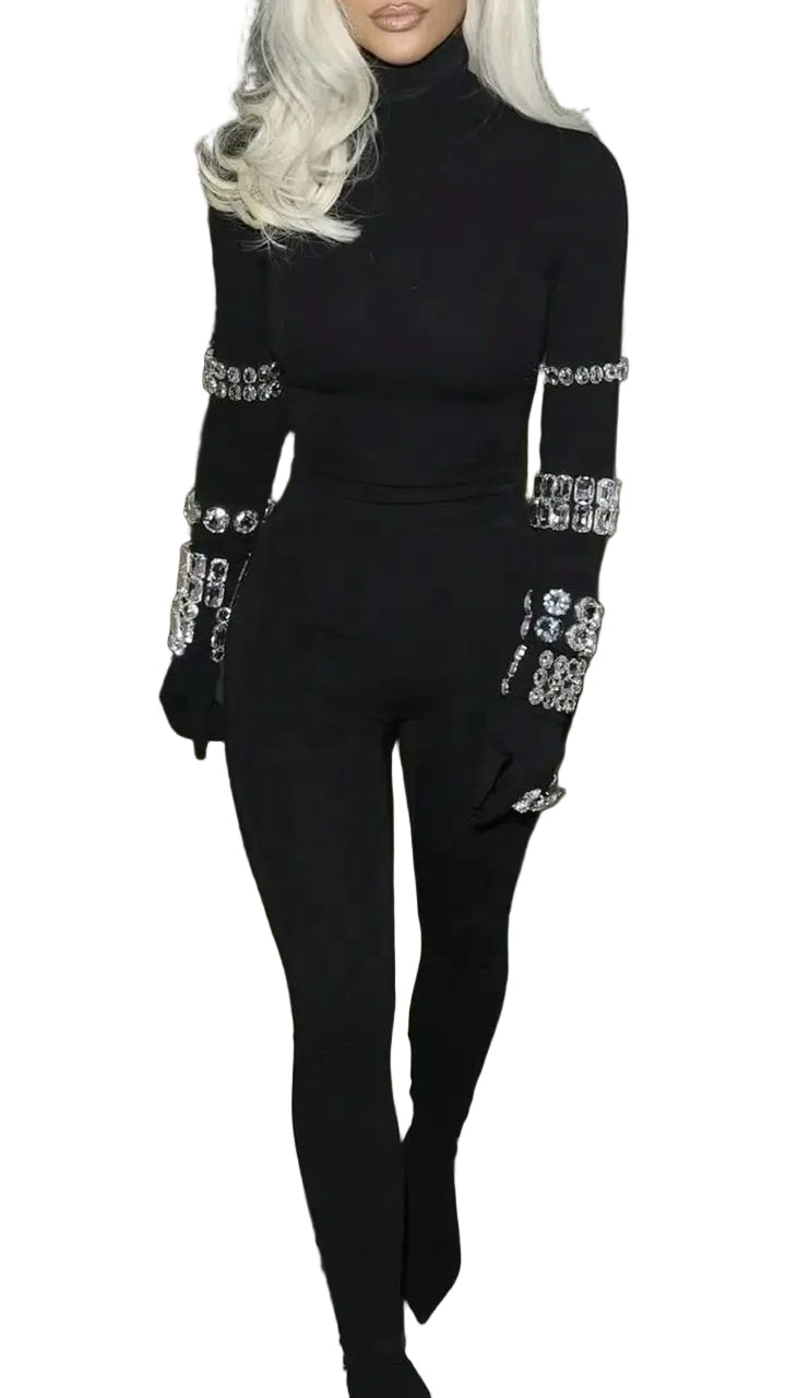 Crystal Embellished Black High-Neck Jumpsuit