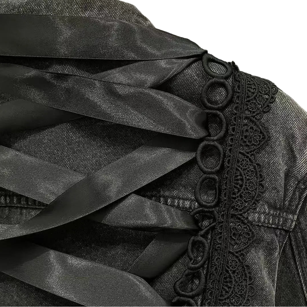  Lace Bow Mini Denim Jacket Skirt Set