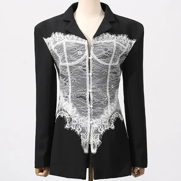 Elevate Your Wardrobe with the OUDINA Elegant Lace Stitching Blazer for Women - Perfect for Any Occasion