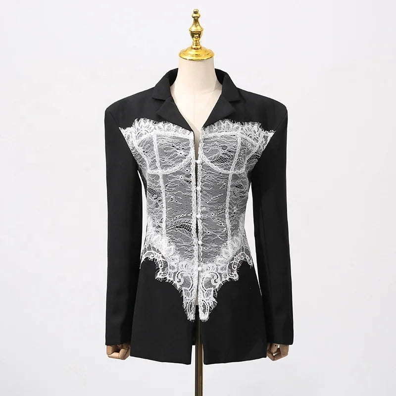 Elevate Your Wardrobe with the OUDINA Elegant Lace Stitching Blazer for Women - Perfect for Any Occasion