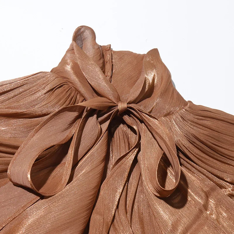 OUDINA High Quality Long New Bat Sleeves Lace up Slim Women Casual Dresses Chiffon Dress