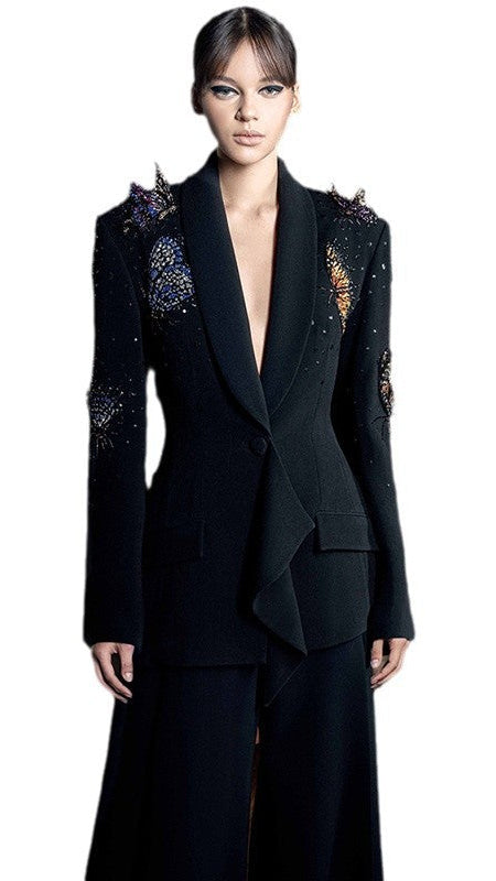 Elegant Nocturne d’Or Two-Piece Suit with Butterfly Sequin Accents
