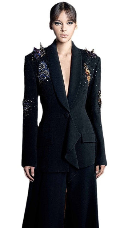 Elegant Nocturne d’Or Two-Piece Suit with Butterfly Sequin Accents