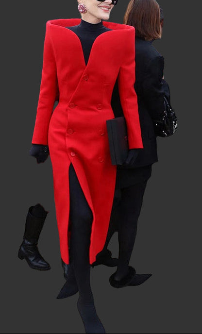 Dare to Dazzle in the Avant-Garde Red Structured Shoulder Coat Dress