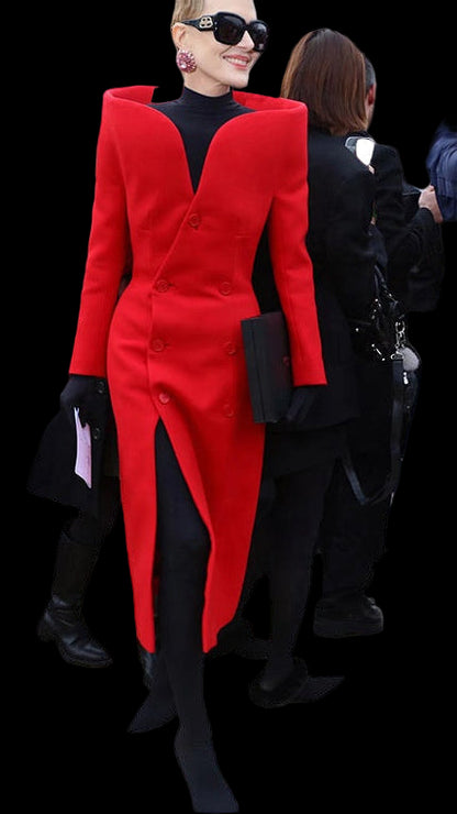 Dare to Dazzle in the Avant-Garde Red Structured Shoulder Coat Dress