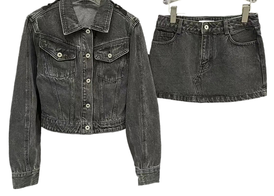  Lace Bow Mini Denim Jacket Skirt Set