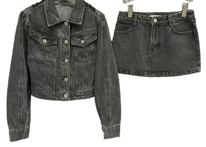  Lace Bow Mini Denim Jacket Skirt Set