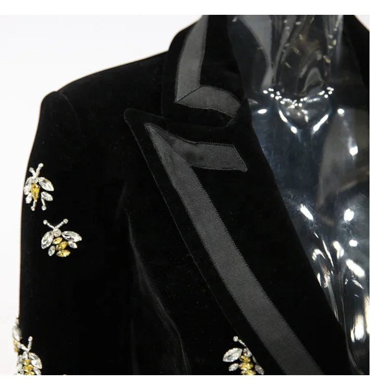 OUDINA High Quality Stylish Bee Beaded Suit Jacket Velvet Blazers Women Mujer Arket Blazer