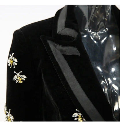OUDINA High Quality Stylish Bee Beaded Suit Jacket Velvet Blazers Women Mujer Arket Blazer