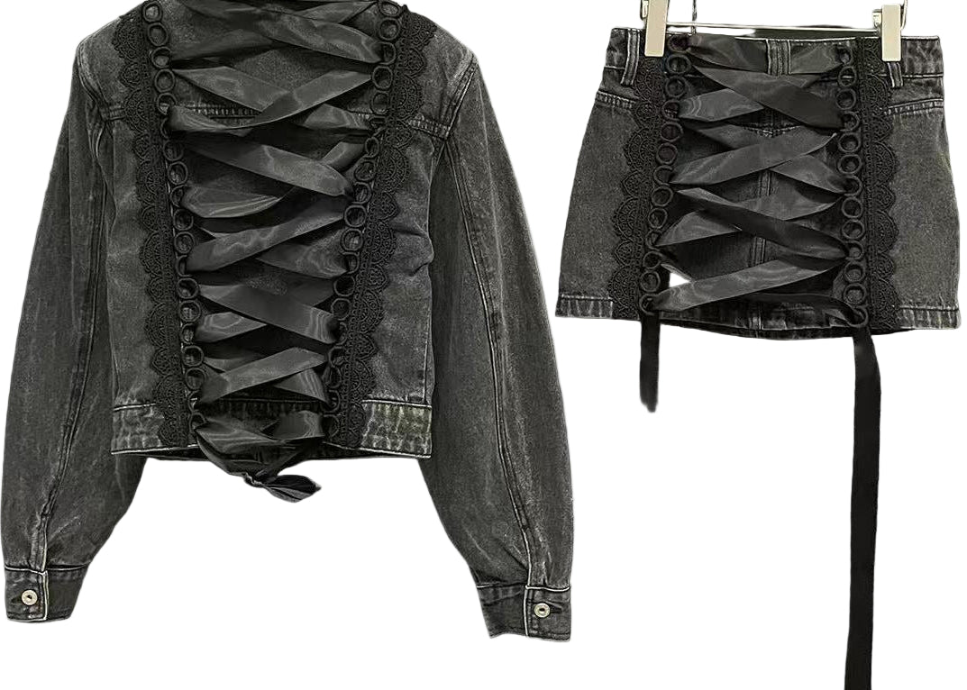 Chic Lace Bow Mini Denim Jacket and Skirt Set for Effortless Style
