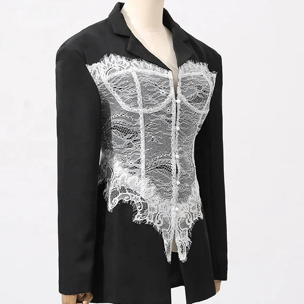 Elevate Your Wardrobe with the OUDINA Elegant Lace Stitching Blazer for Women - Perfect for Any Occasion