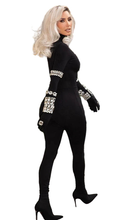 Crystal Embellished Black High-Neck Jumpsuit