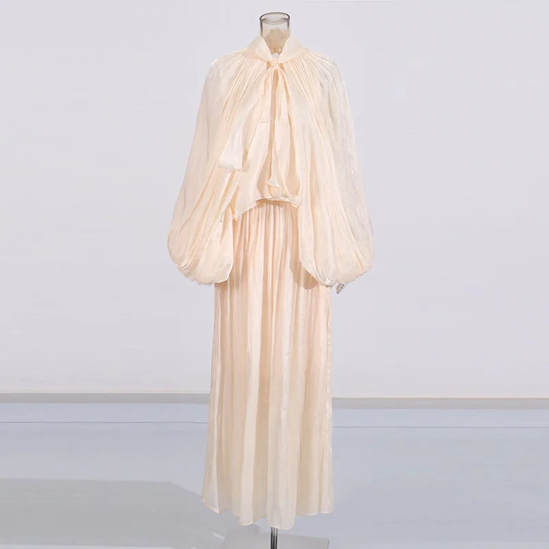 OUDINA High Quality Long New Bat Sleeves Lace up Slim Women Casual Dresses Chiffon Dress