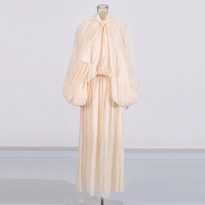 OUDINA High Quality Long New Bat Sleeves Lace up Slim Women Casual Dresses Chiffon Dress