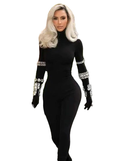 Crystal Embellished Black High-Neck Jumpsuit