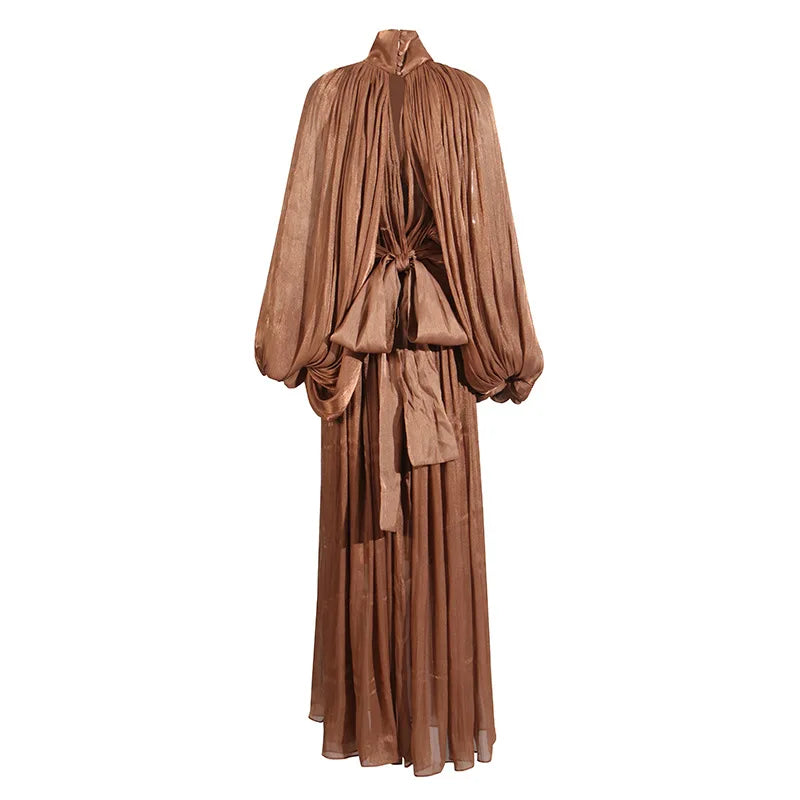 OUDINA High Quality Long New Bat Sleeves Lace up Slim Women Casual Dresses Chiffon Dress