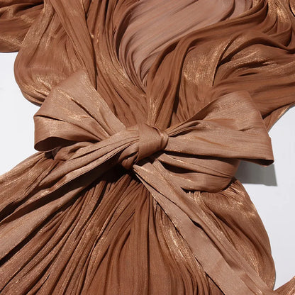 OUDINA High Quality Long New Bat Sleeves Lace up Slim Women Casual Dresses Chiffon Dress