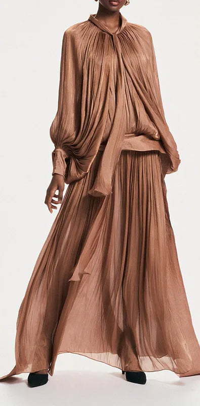 OUDINA High Quality Long New Bat Sleeves Lace up Slim Women Casual Dresses Chiffon Dress