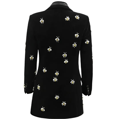 OUDINA High Quality Stylish Bee Beaded Suit Jacket Velvet Blazers Women Mujer Arket Blazer