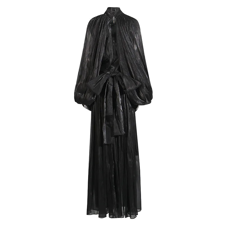 OUDINA High Quality Long New Bat Sleeves Lace up Slim Women Casual Dresses Chiffon Dress