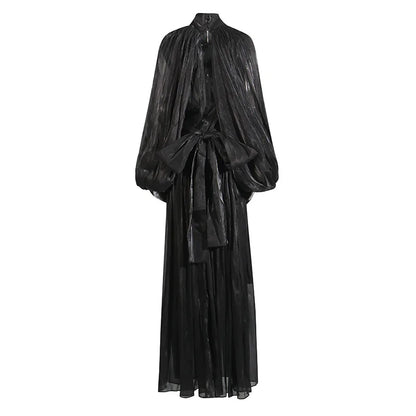 OUDINA High Quality Long New Bat Sleeves Lace up Slim Women Casual Dresses Chiffon Dress