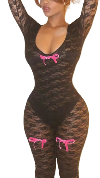  See-Through Jacquard One Piece Bodycon Lace Jumpsuit