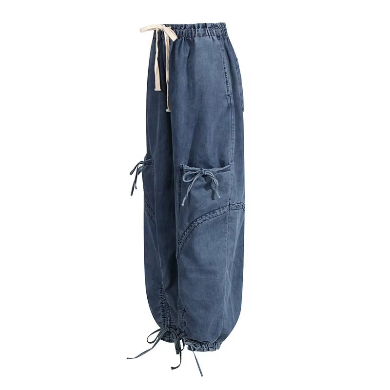 OUDINA Fashion Casual Elastic Waist Drawstring Bow Women'S Cargo Jeans High Waist Jeans Simple Women'S Jeans