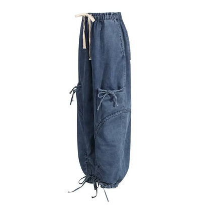 OUDINA Fashion Casual Elastic Waist Drawstring Bow Women'S Cargo Jeans High Waist Jeans Simple Women'S Jeans