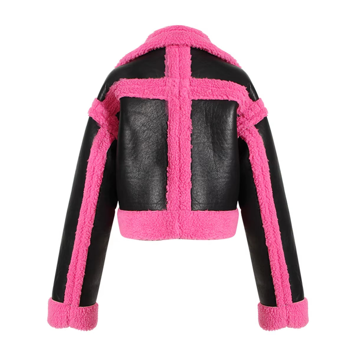 OUDINA Fashionable Winter Wholesale Cropped Contrast Color Motorcycle Jacket Faux Fur Coat Women